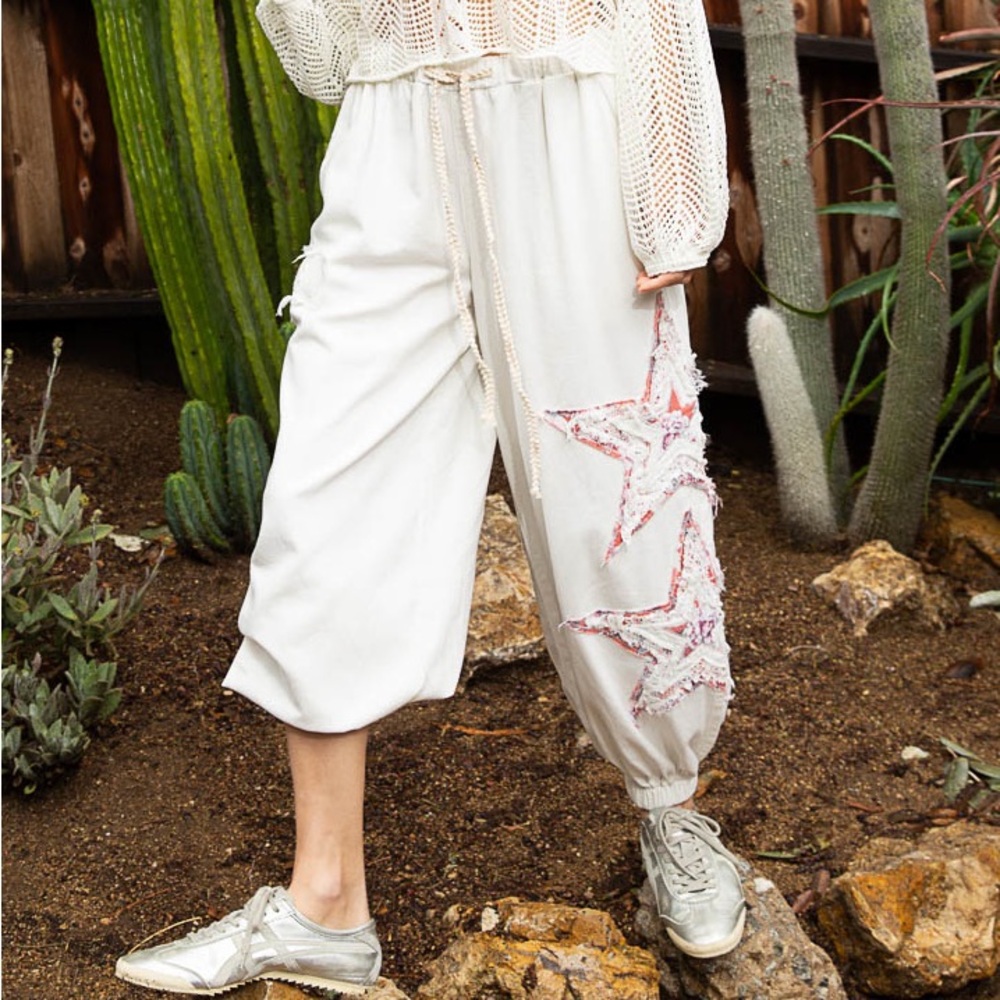 POL Star Patchwork Ivory Joggers | Embroidered Elastic Waist Pants - Picture 6 of 11